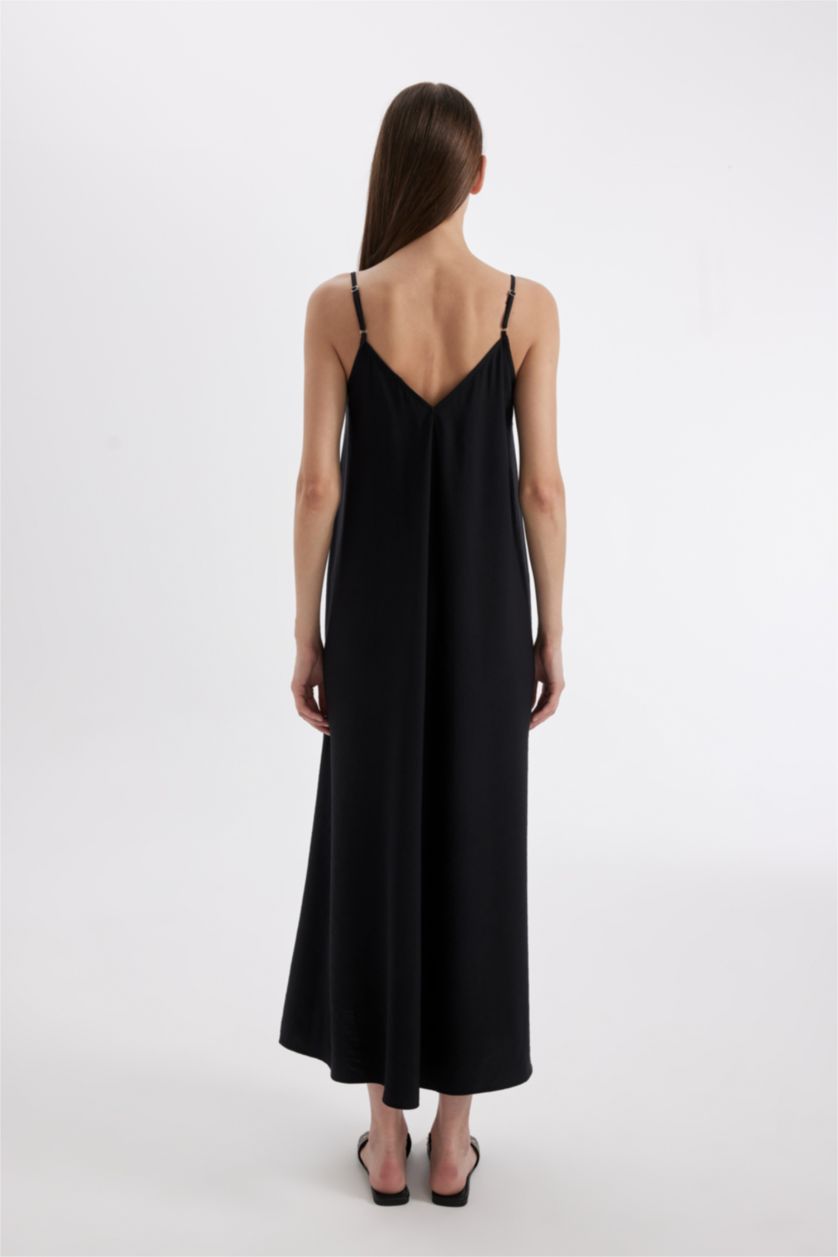 Kadın Siyah A Kesim V Yaka Tensel Askılı Maxi Elbise