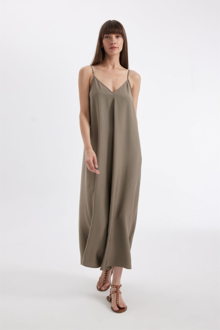 WOMAN Light Khaki A-Line V-Neck Tensel Strap Maxi Dress