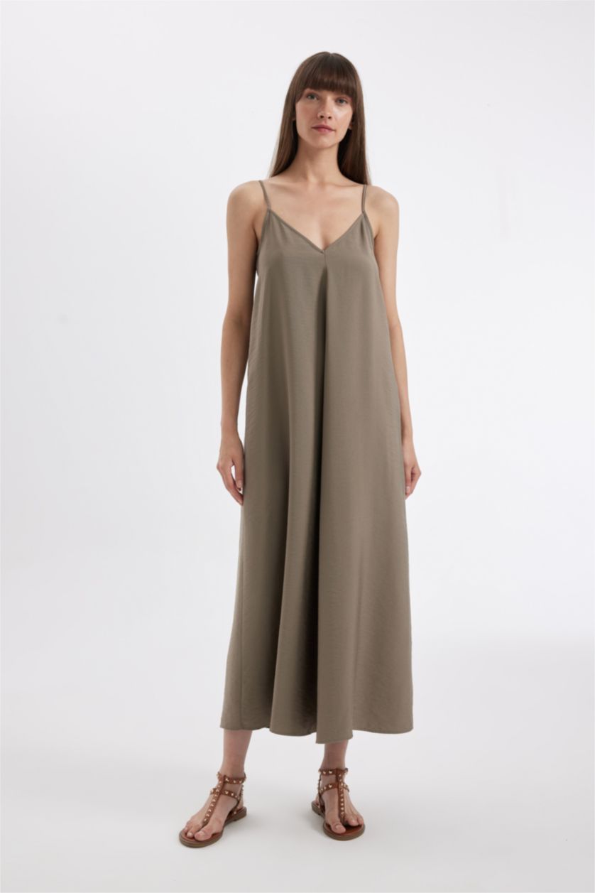WOMAN Light Khaki A-Line V-Neck Tensel Strap Maxi Dress