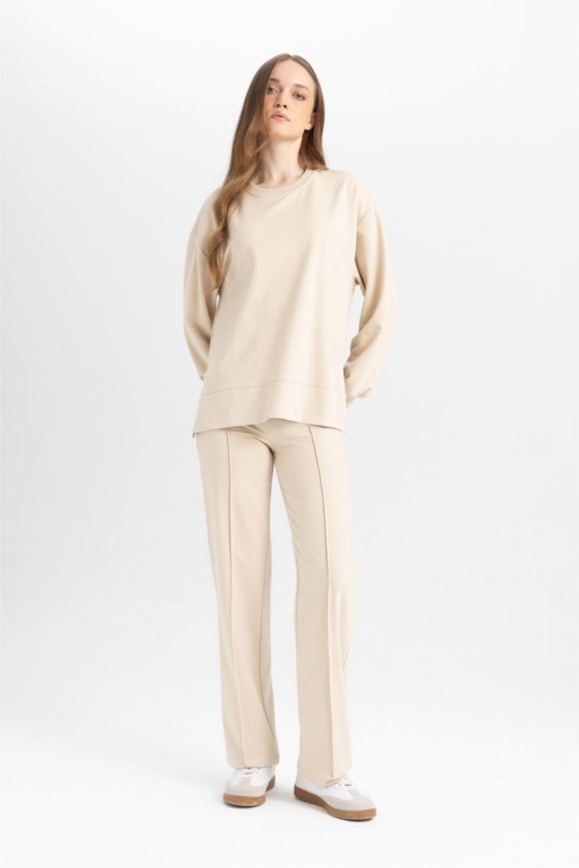 WOMAN Beige Wide Leg Basic Sweatshirt Fabric Sweatpants