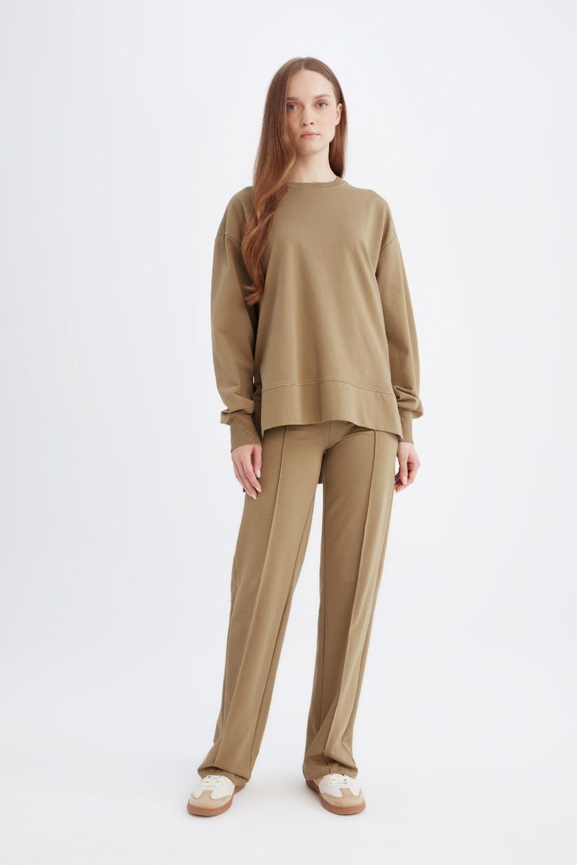 Kadın Haki Wide Leg Geniş Bol Paça Eşofman Altı Beli Lastikli Basic Düz