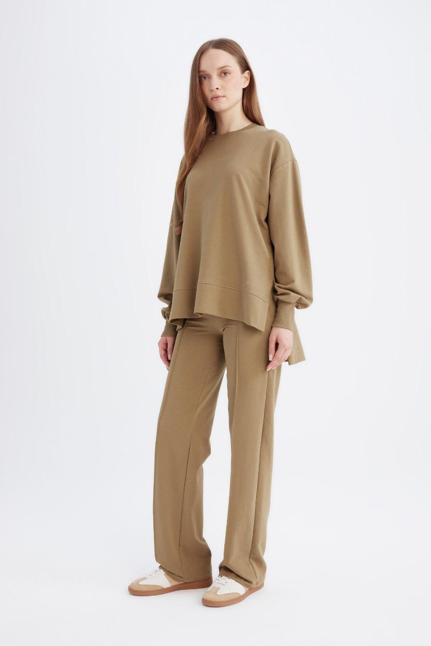 Kadın Haki Wide Leg Geniş Bol Paça Eşofman Altı Beli Lastikli Basic Düz