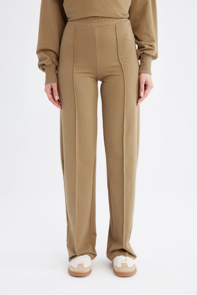 Kadın Haki Wide Leg Geniş Bol Paça Eşofman Altı Beli Lastikli Basic Düz