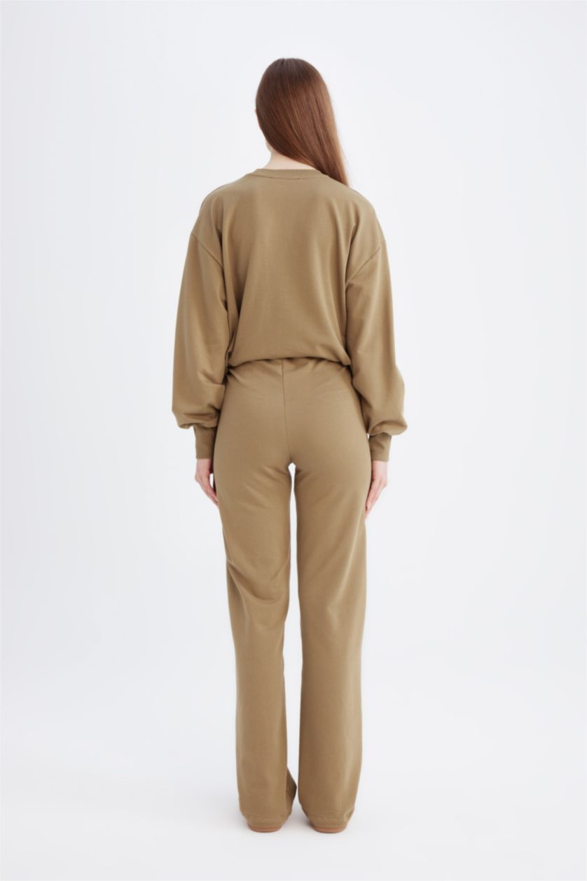 Kadın Haki Wide Leg Geniş Bol Paça Eşofman Altı Beli Lastikli Basic Düz