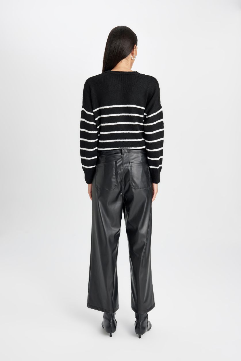 حريمي أسود بنطلون جلد صناعي كولوت فيت برجل واسع بجيب