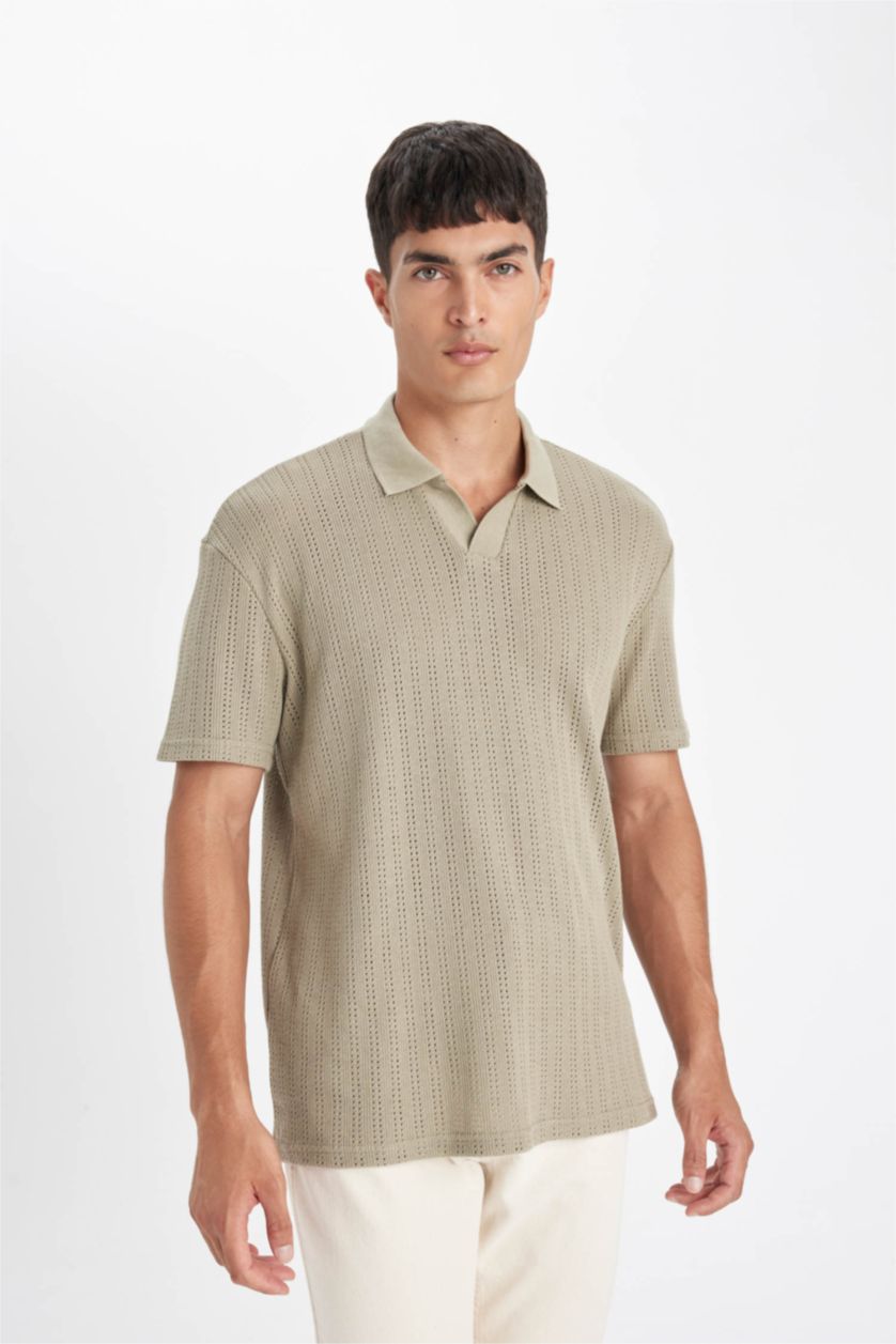 Erkek Haki Regular Fit Kısa Kollu Dokulu Triko Polo Tişört