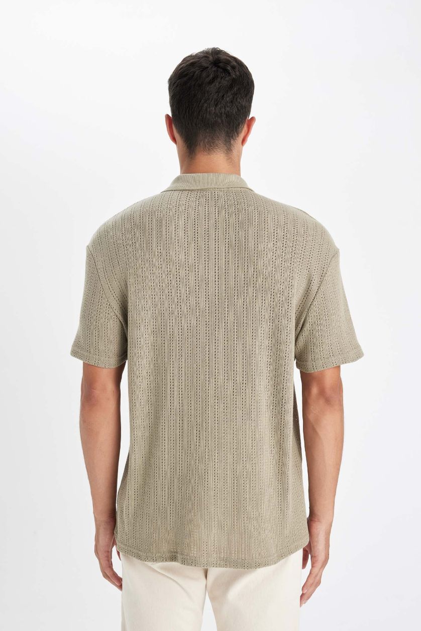 Erkek Haki Regular Fit Kısa Kollu Dokulu Triko Polo Tişört