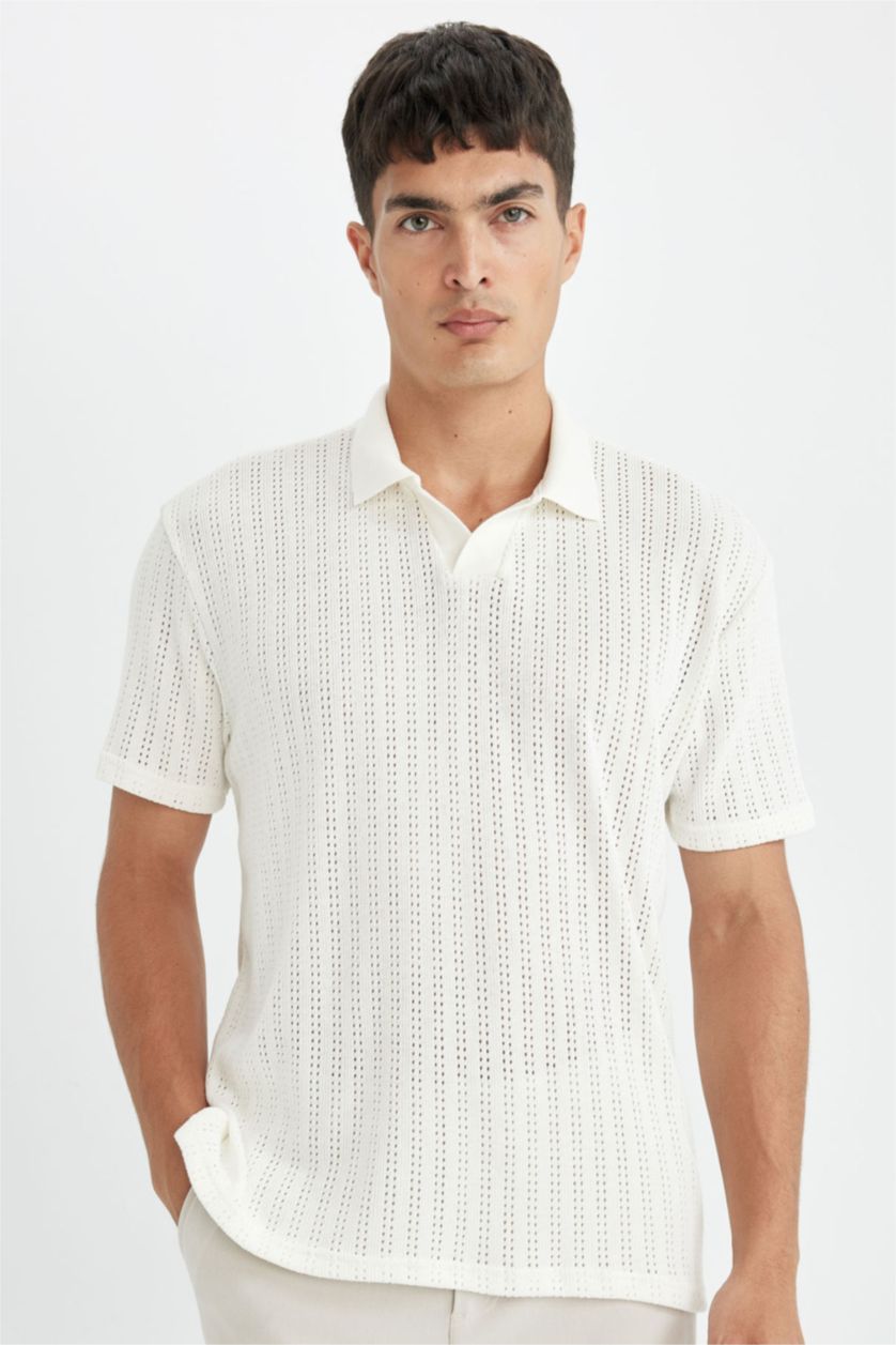Erkek Kırık Beyaz Regular Fit Kısa Kollu Dokulu Triko Polo Tişört
