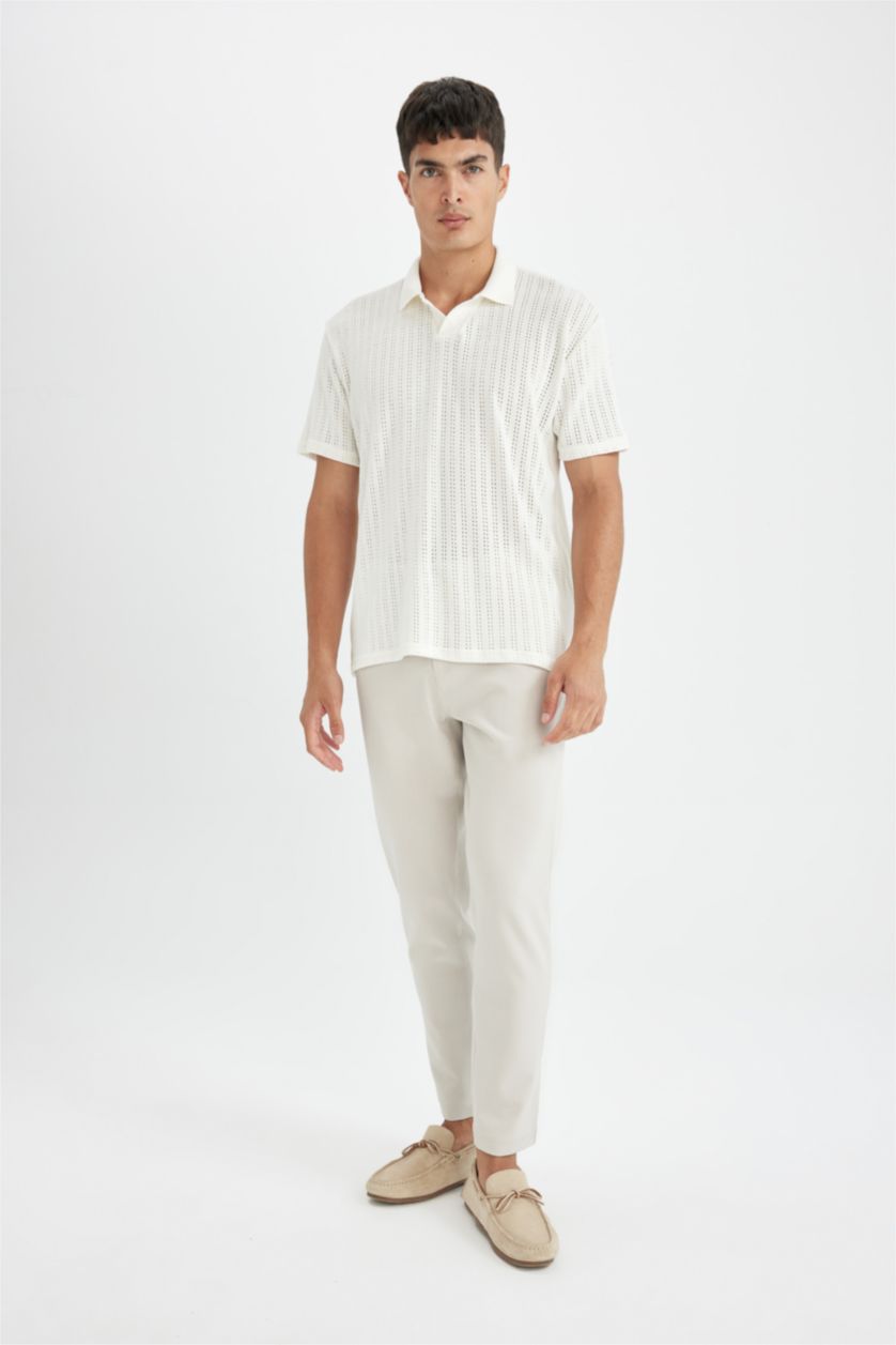 Erkek Kırık Beyaz Regular Fit Kısa Kollu Dokulu Triko Polo Tişört