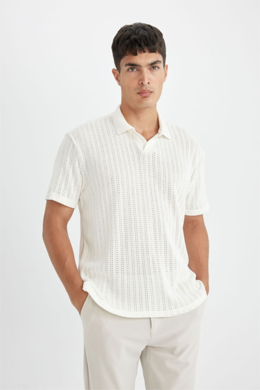 Erkek Kırık Beyaz Regular Fit Kısa Kollu Dokulu Triko Polo Tişört