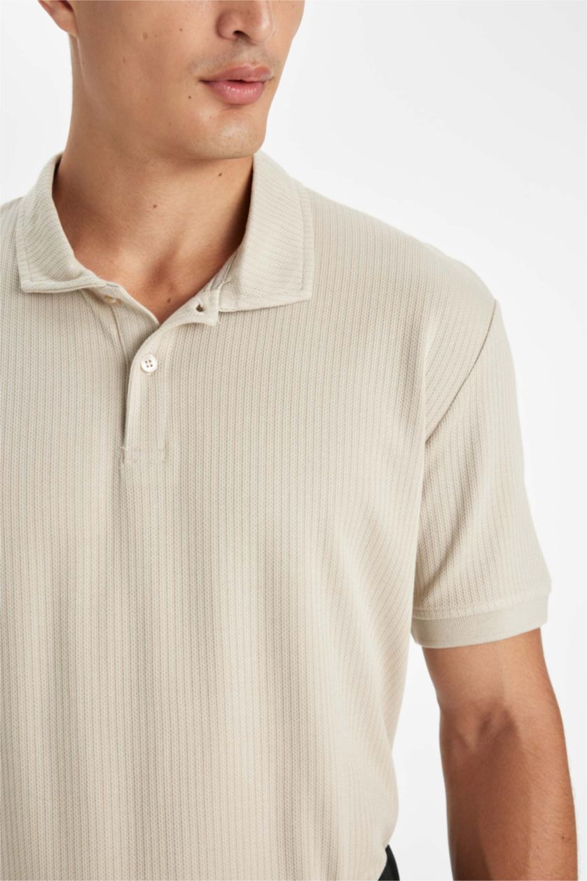 Erkek Bej %100 Pamuk Regular Fit Polo Yaka Basic Düz Kısa Kollu Tişört