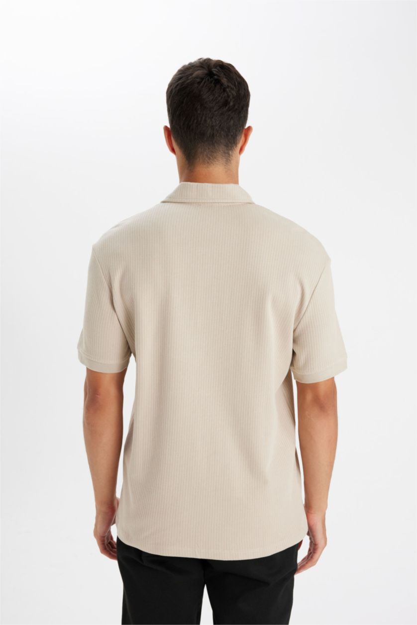 Erkek Bej %100 Pamuk Regular Fit Polo Yaka Basic Düz Kısa Kollu Tişört