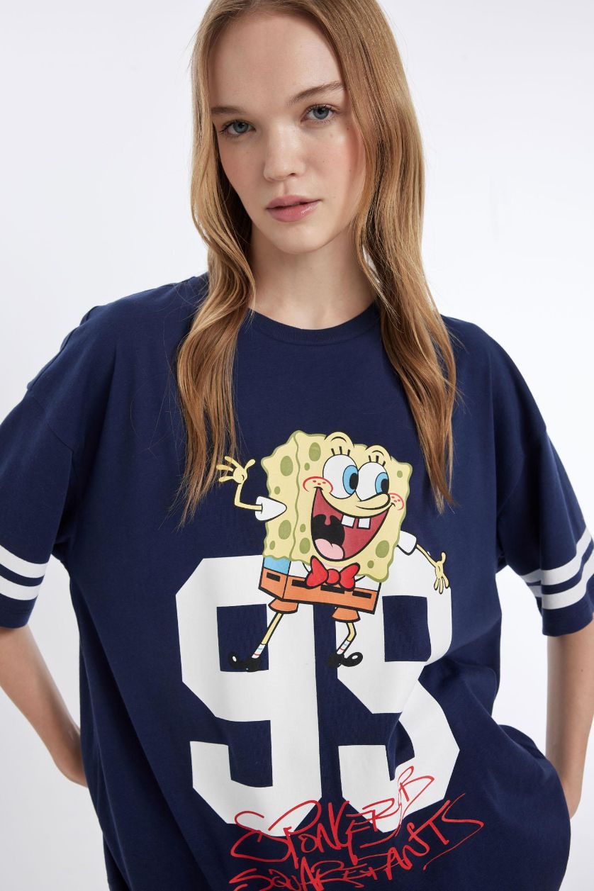 Kadın Lacivert SpongeBob Oversize Geniş Kalıp Bisiklet Yaka Kısa Kollu Tişört