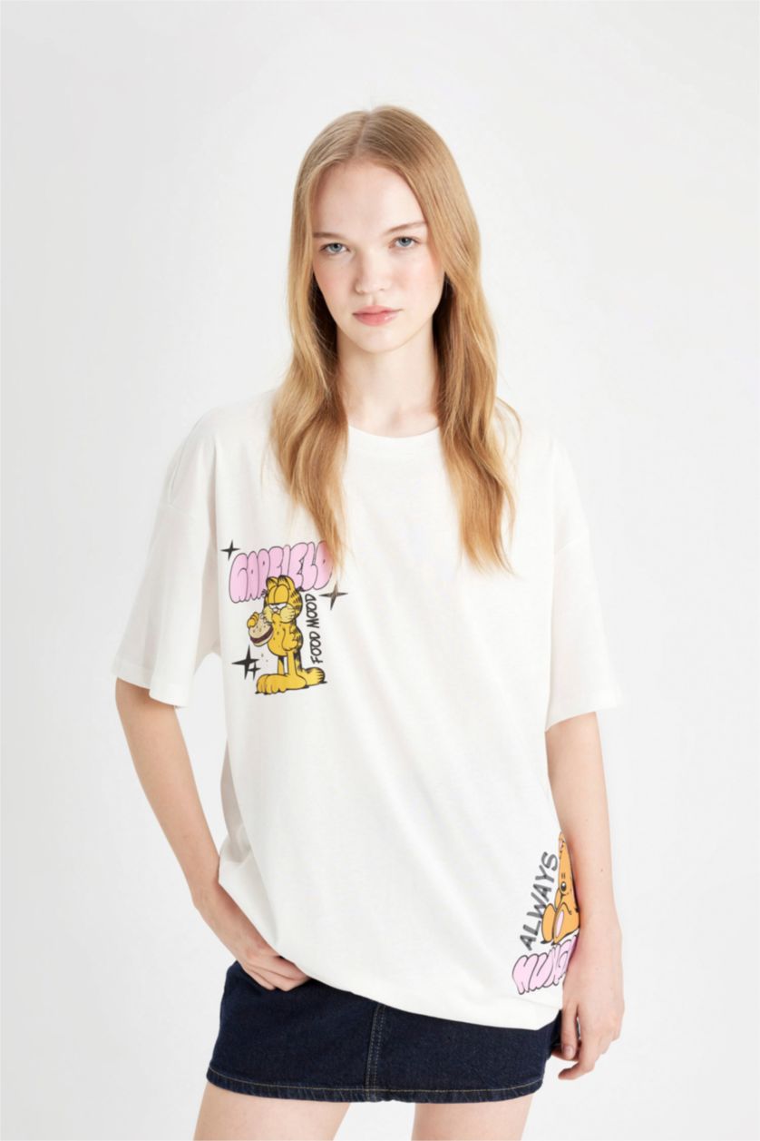 WOMAN White Garfield Oversize Crew Neck Back Printed T-Shirt