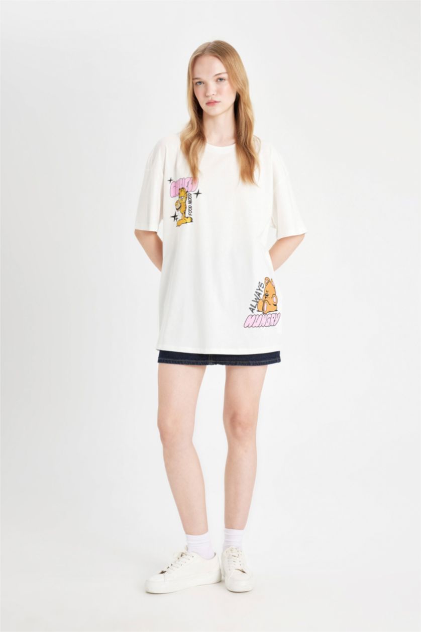 WOMAN White Garfield Oversize Crew Neck Back Printed T-Shirt
