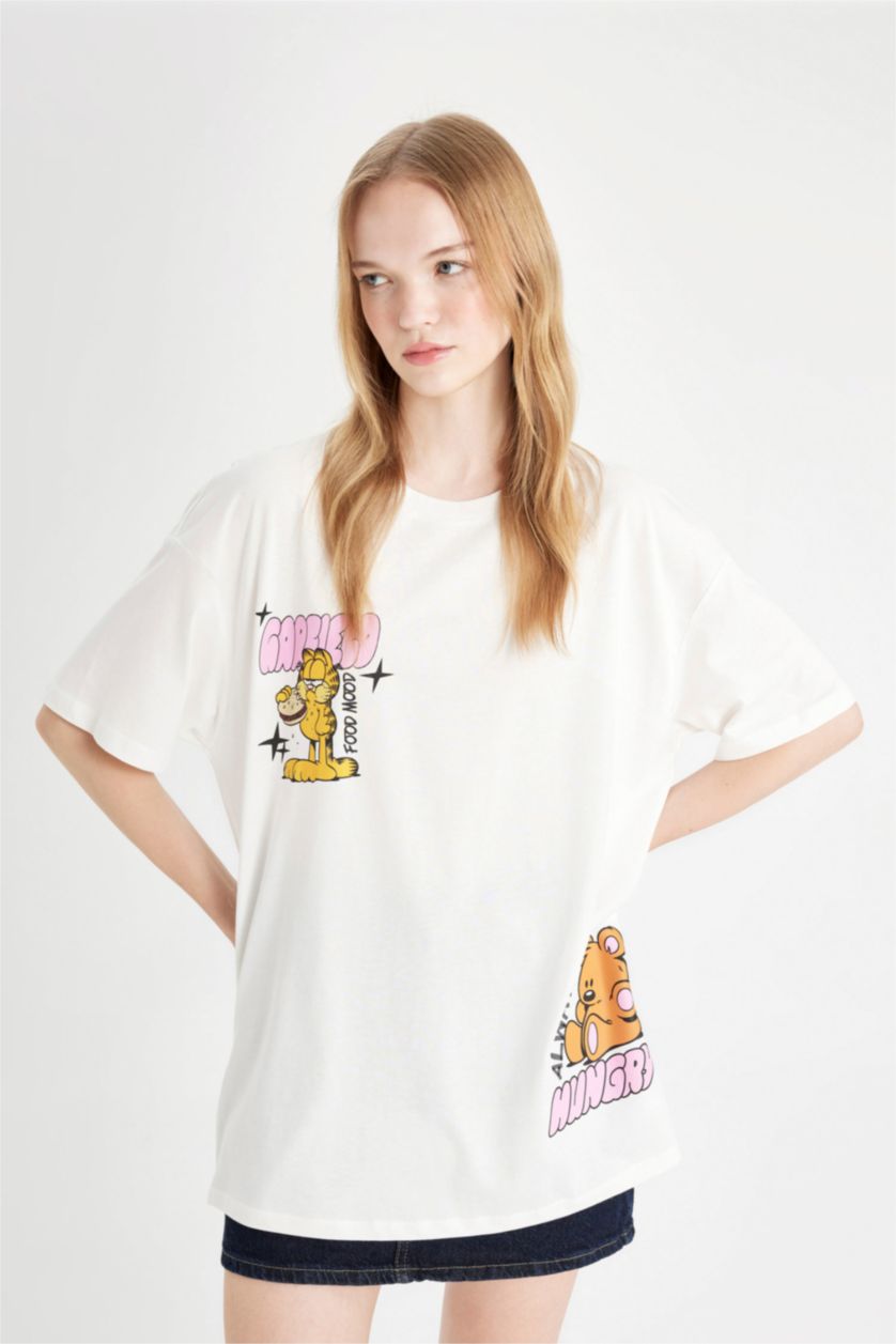 WOMAN White Garfield Oversize Crew Neck Back Printed T-Shirt