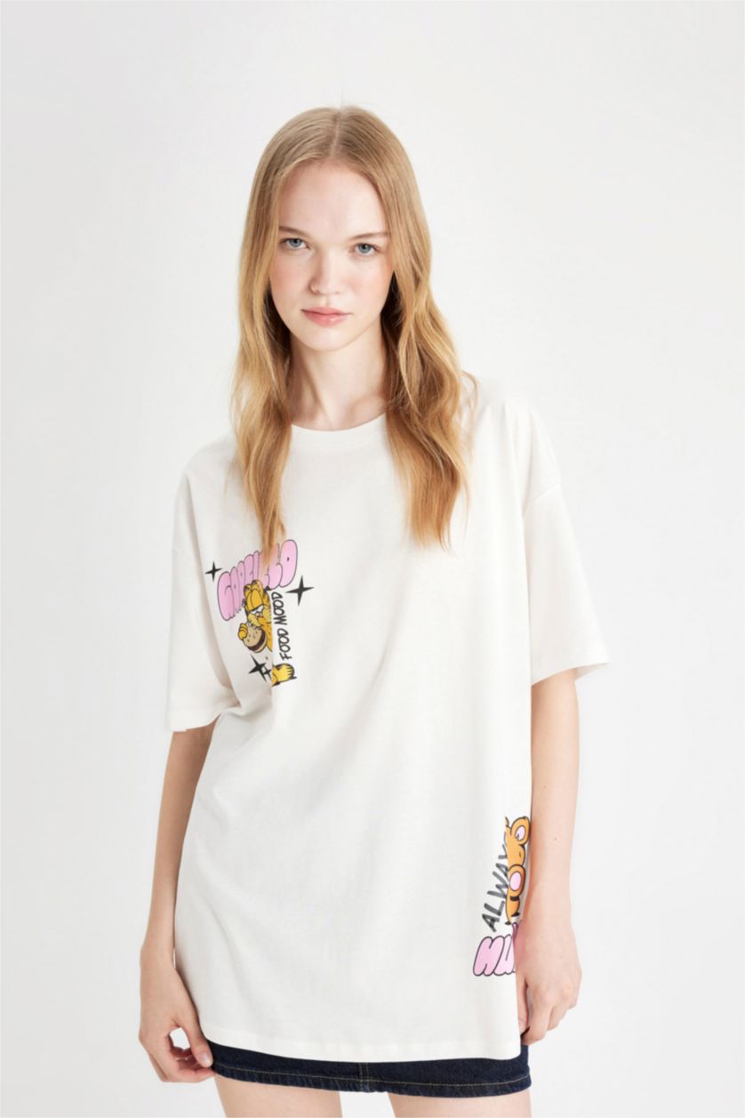 WOMAN White Garfield Oversize Crew Neck Back Printed T-Shirt