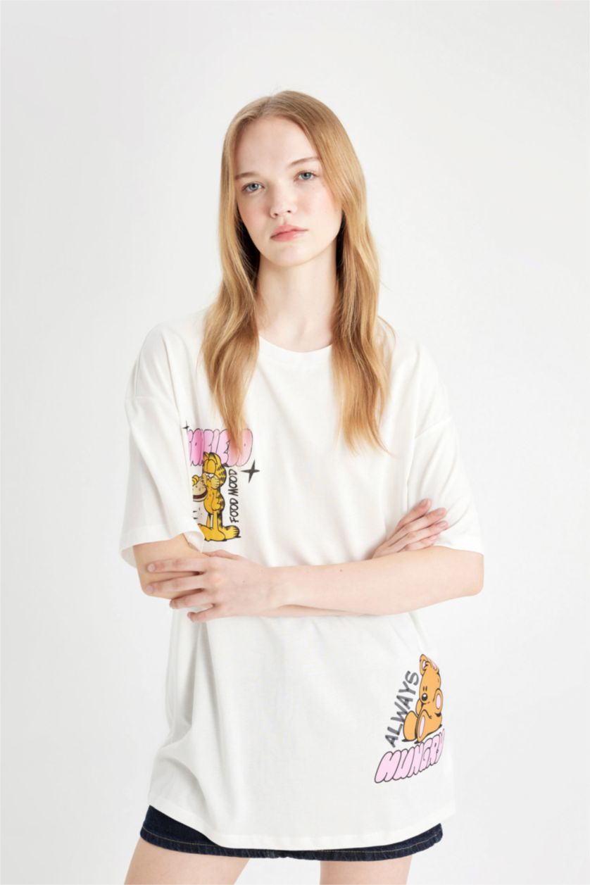 WOMAN White Garfield Oversize Crew Neck Back Printed T-Shirt