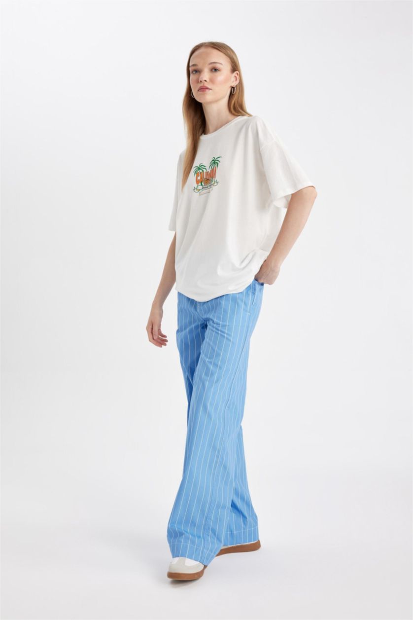 Kadın Mavi Straıght Fıt Normal Bel Standart Boy Poplin Pantolon