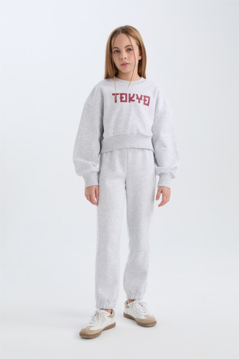 بنات ميلانج رمادي فاتح طقم بناتي من قطعتين سويت شيرت و سروال رياضي