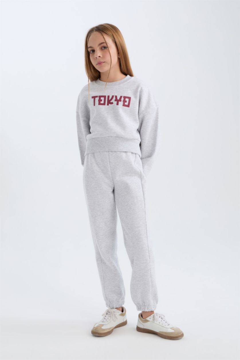 بنات ميلانج رمادي فاتح طقم بناتي من قطعتين سويت شيرت و سروال رياضي