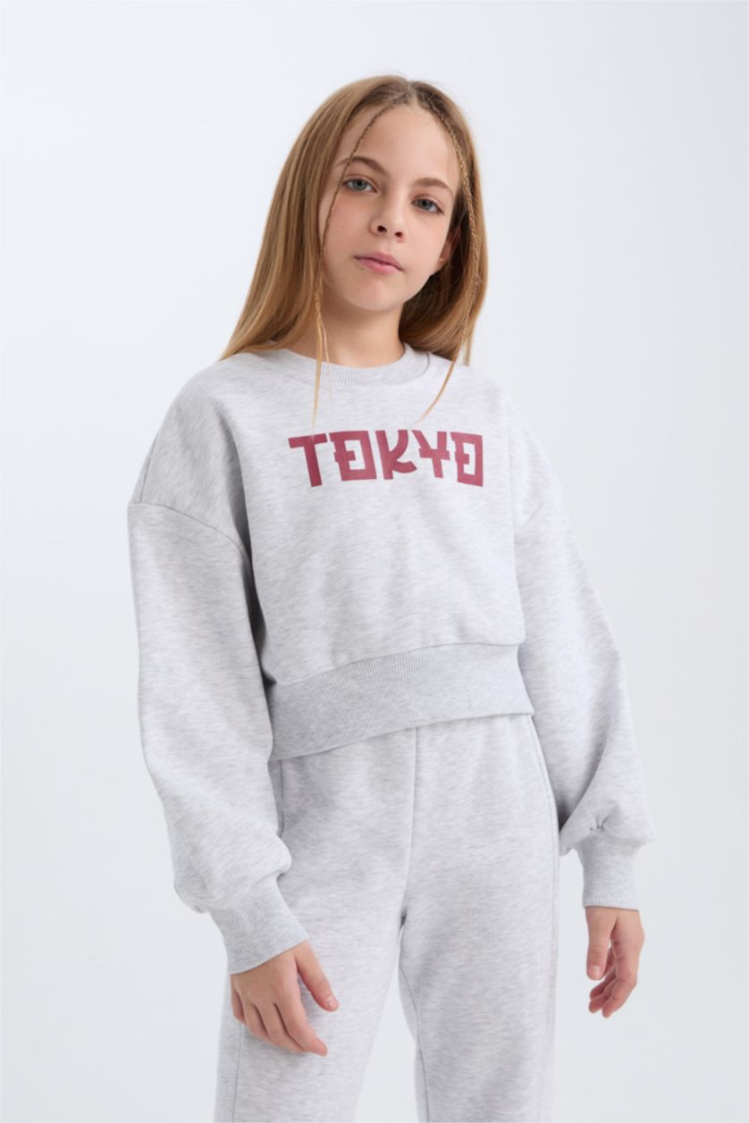 بنات ميلانج رمادي فاتح طقم بناتي من قطعتين سويت شيرت و سروال رياضي