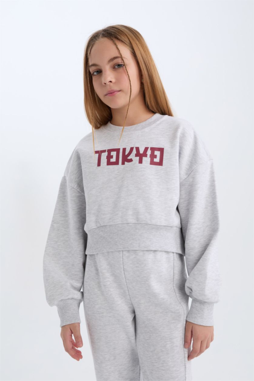 بنات ميلانج رمادي فاتح طقم بناتي من قطعتين سويت شيرت و سروال رياضي