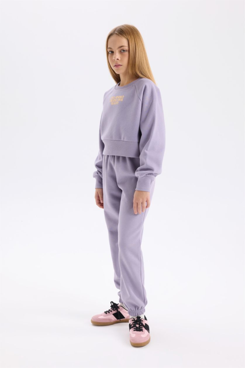 Kız Çocuk - Genç Kız Lila Kız Çocuk  2'li Takım Baskılı Sweatshirt Beli Lastikli Eşofman Altı