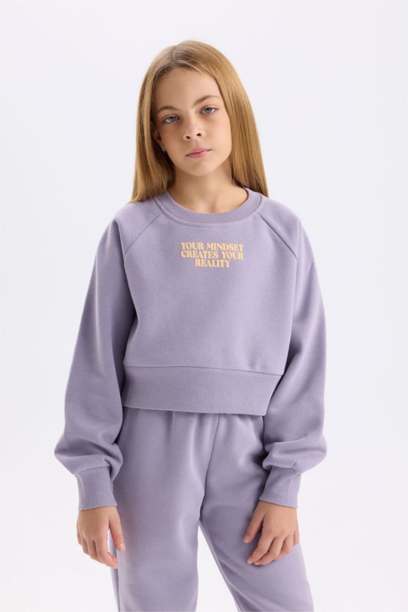 Kız Çocuk - Genç Kız Lila Kız Çocuk  2'li Takım Baskılı Sweatshirt Beli Lastikli Eşofman Altı