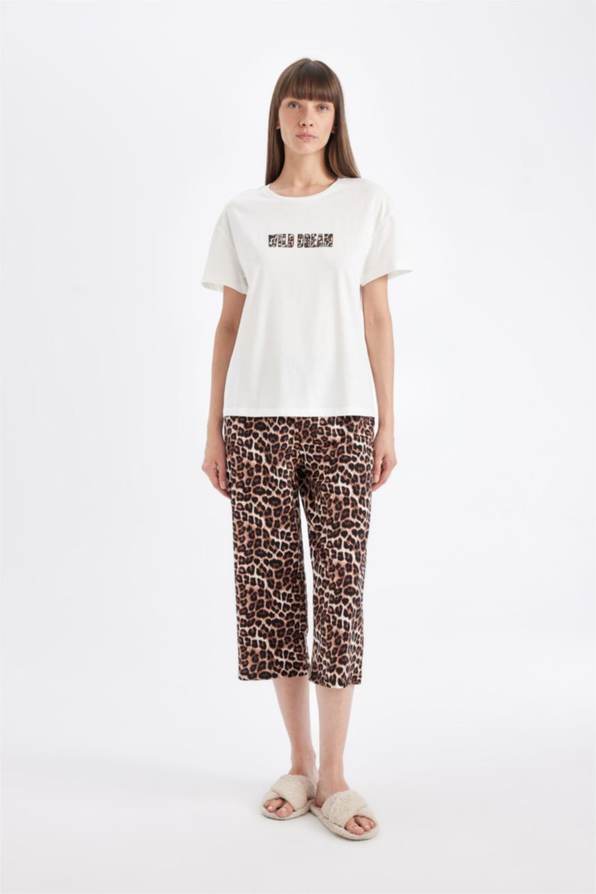 نساء أسود طقم بيجاما جلد النمر قصة عادية نص كم - قطعتين