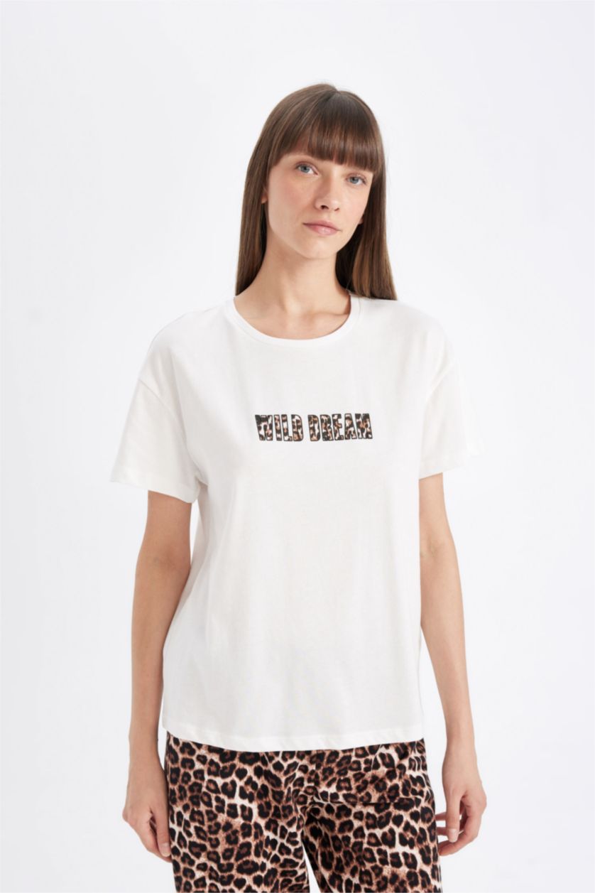 نساء أسود طقم بيجاما جلد النمر قصة عادية نص كم - قطعتين