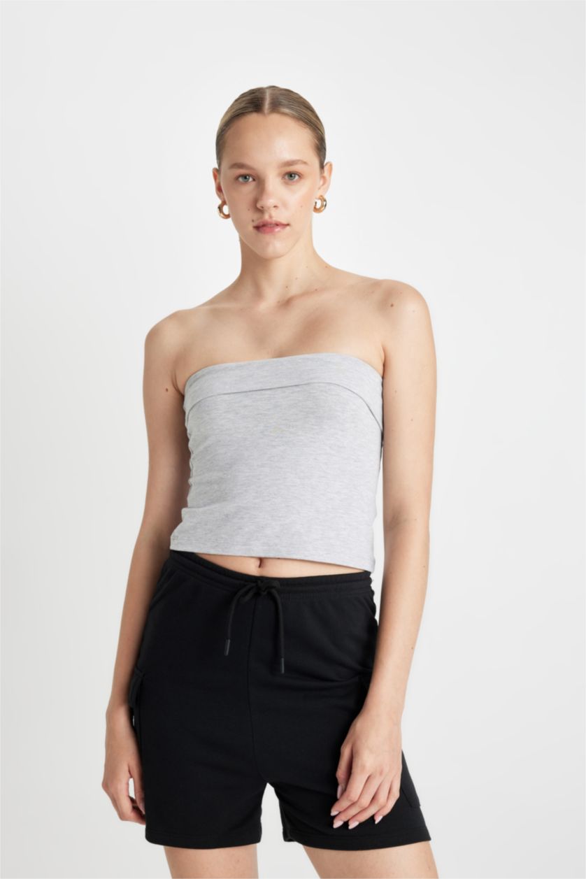 Kadın Gri Melanj Fitted Straplez Bluz