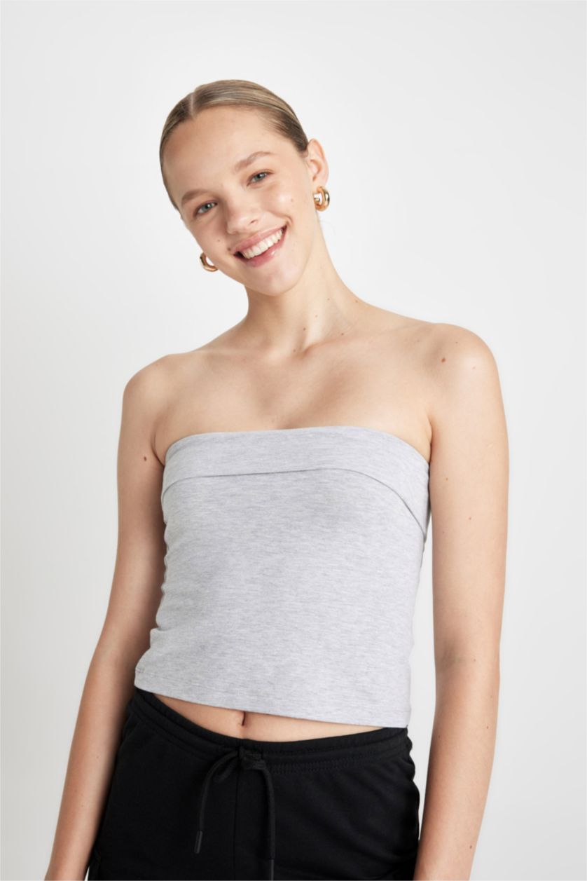 Kadın Gri Melanj Fitted Straplez Bluz