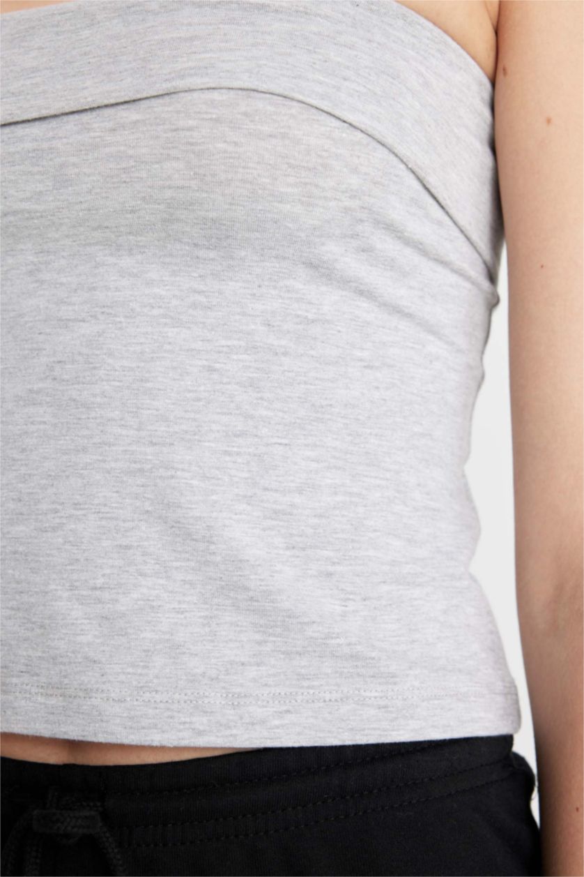 Kadın Gri Melanj Fitted Straplez Bluz