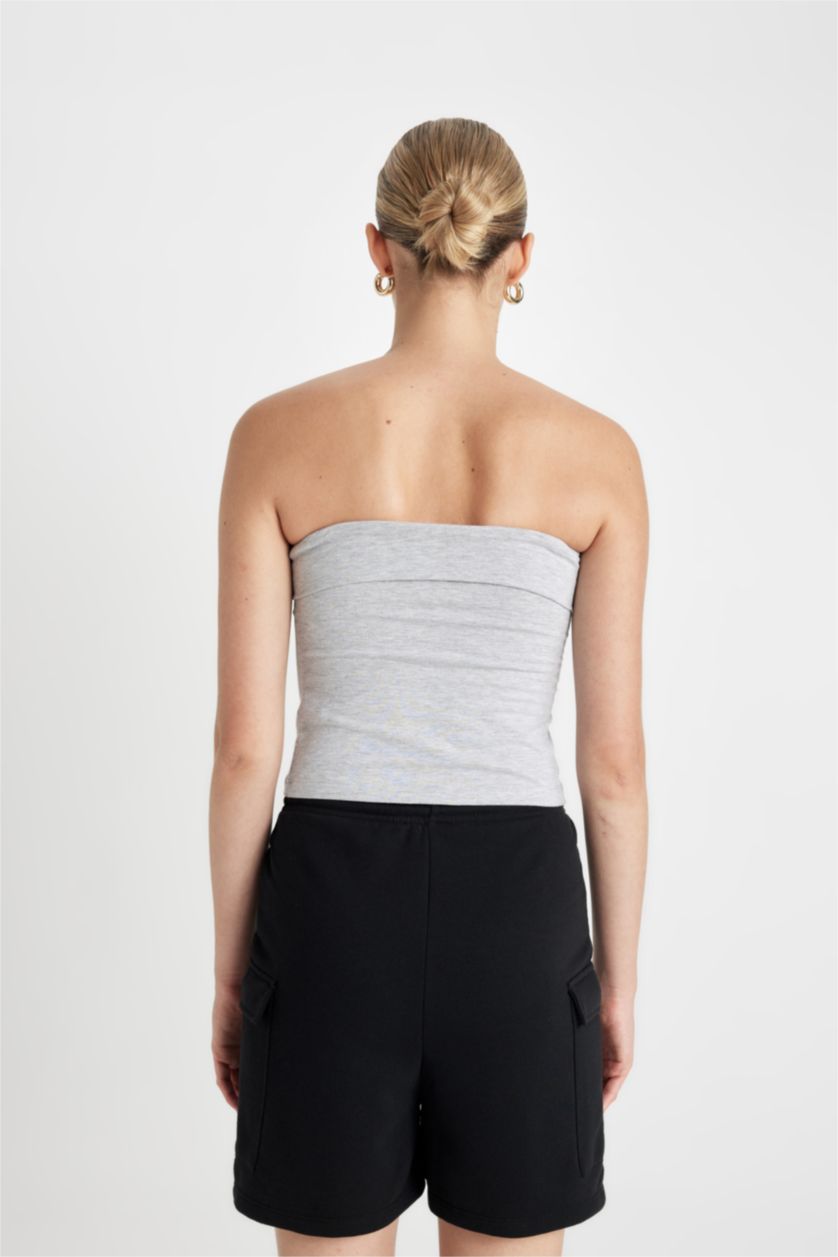 Kadın Gri Melanj Fitted Straplez Bluz