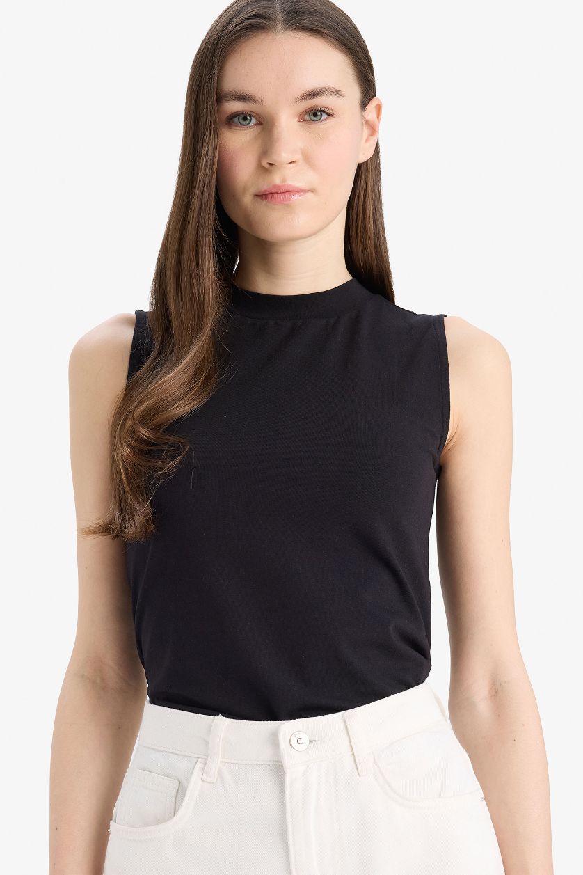 Kadın Siyah Bisiklet Yaka Basic Düz Siyah Atlet