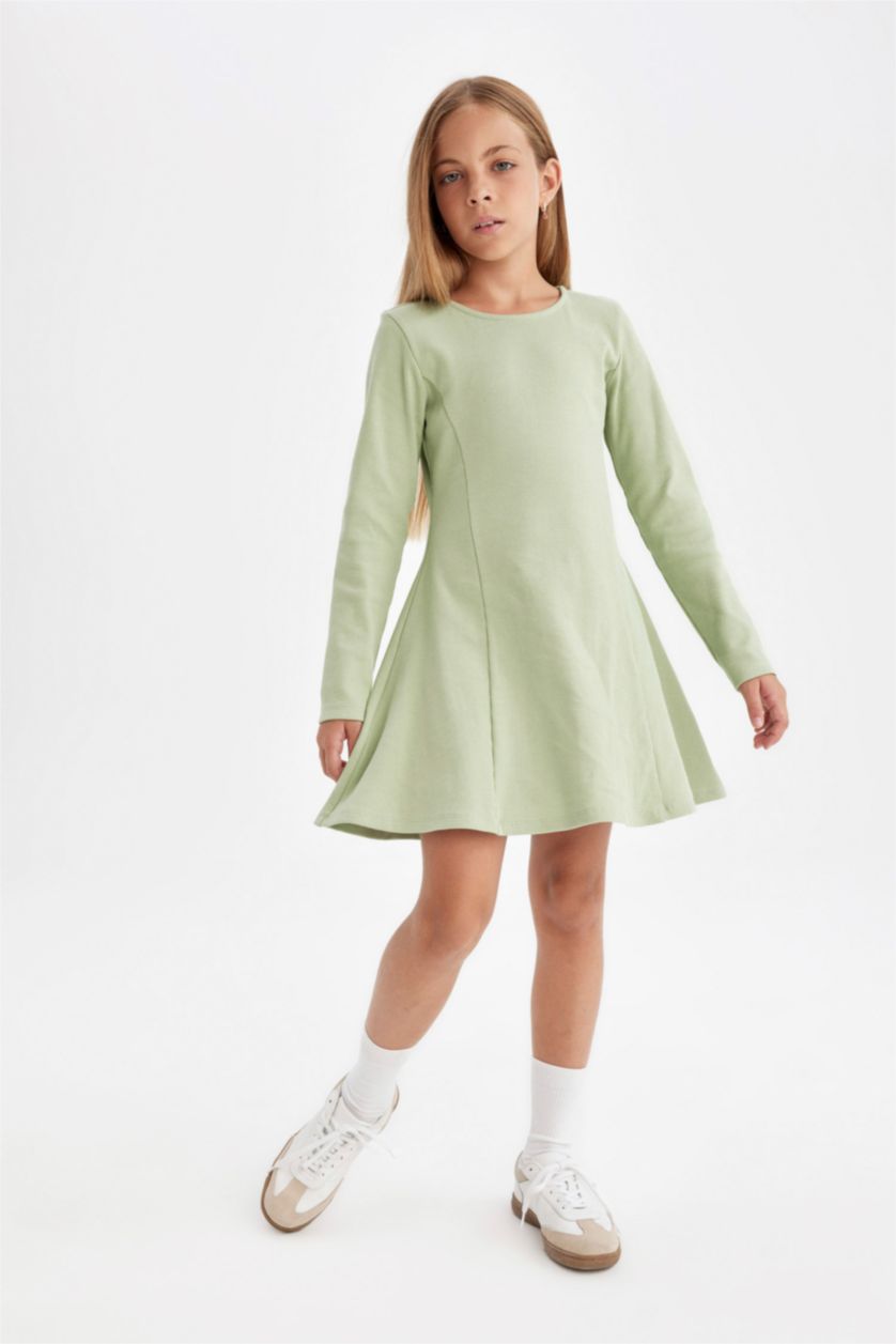 GIRLS & TEENS Light Green Girl Ribbed Camisole Long Sleeve Dress