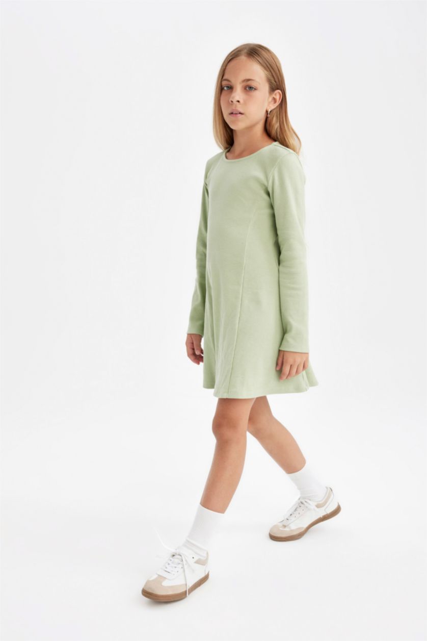 GIRLS & TEENS Light Green Girl Ribbed Camisole Long Sleeve Dress