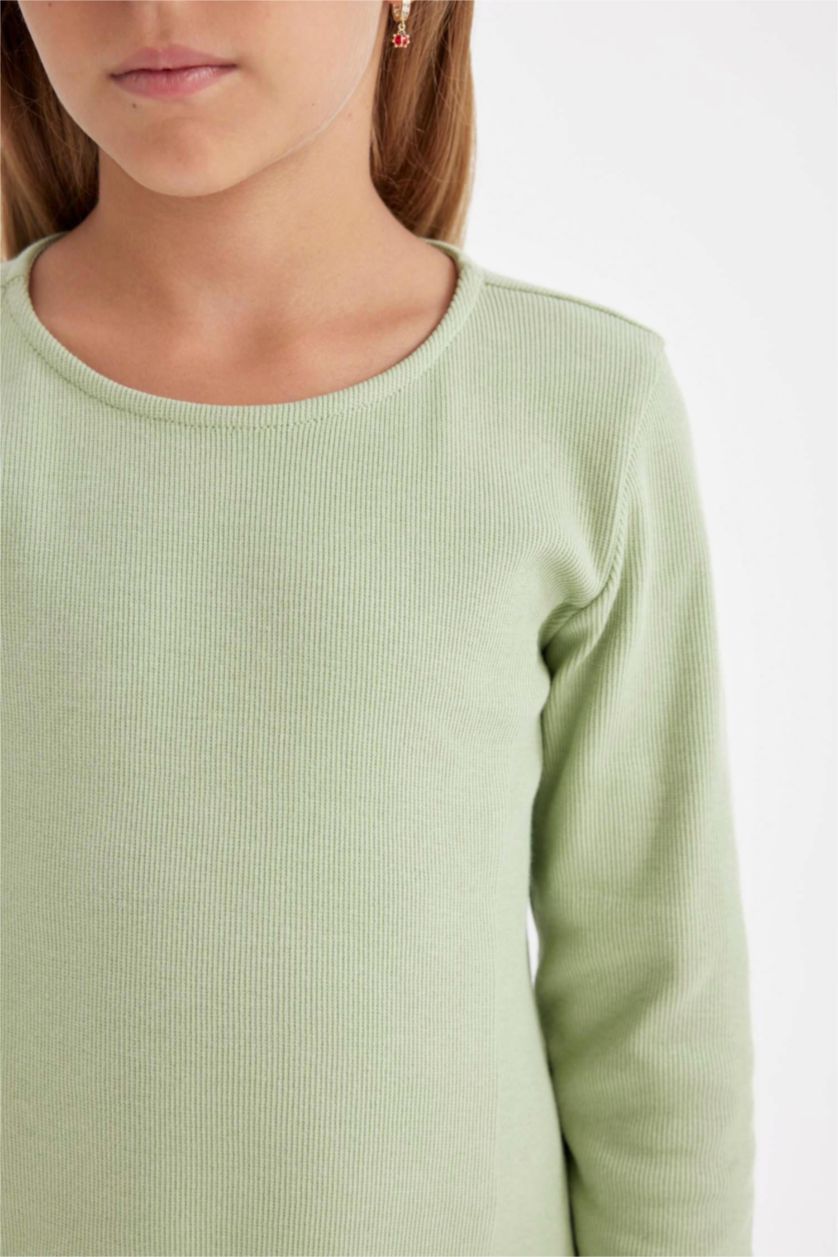GIRLS & TEENS Light Green Girl Ribbed Camisole Long Sleeve Dress