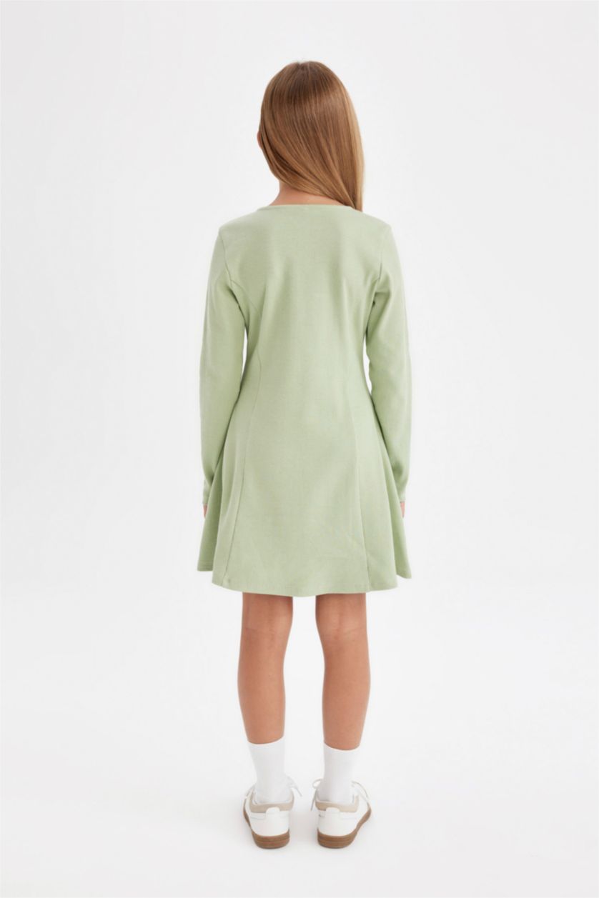 GIRLS & TEENS Light Green Girl Ribbed Camisole Long Sleeve Dress