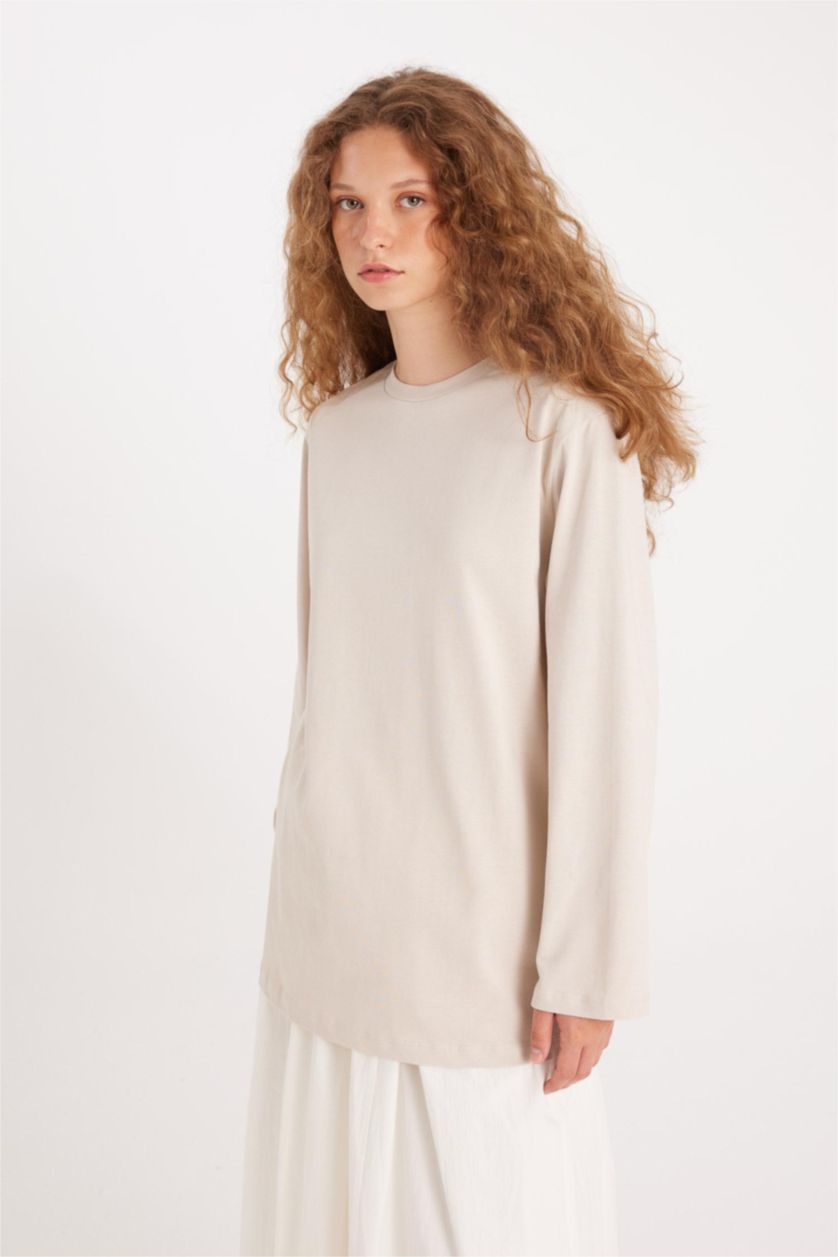 Kadın Bej Regular Fıt Uzun Kollu Tunik