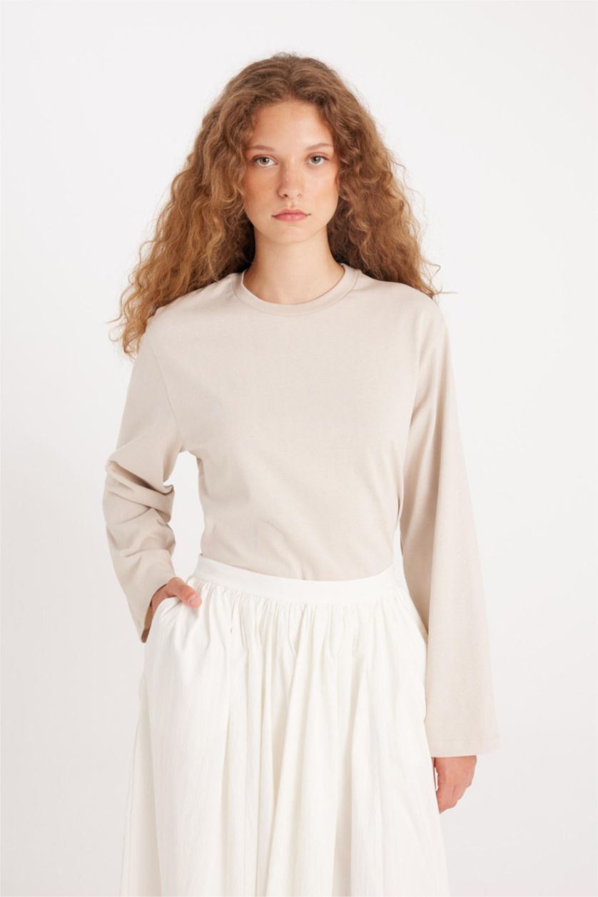 Kadın Bej Regular Fıt Uzun Kollu Tunik