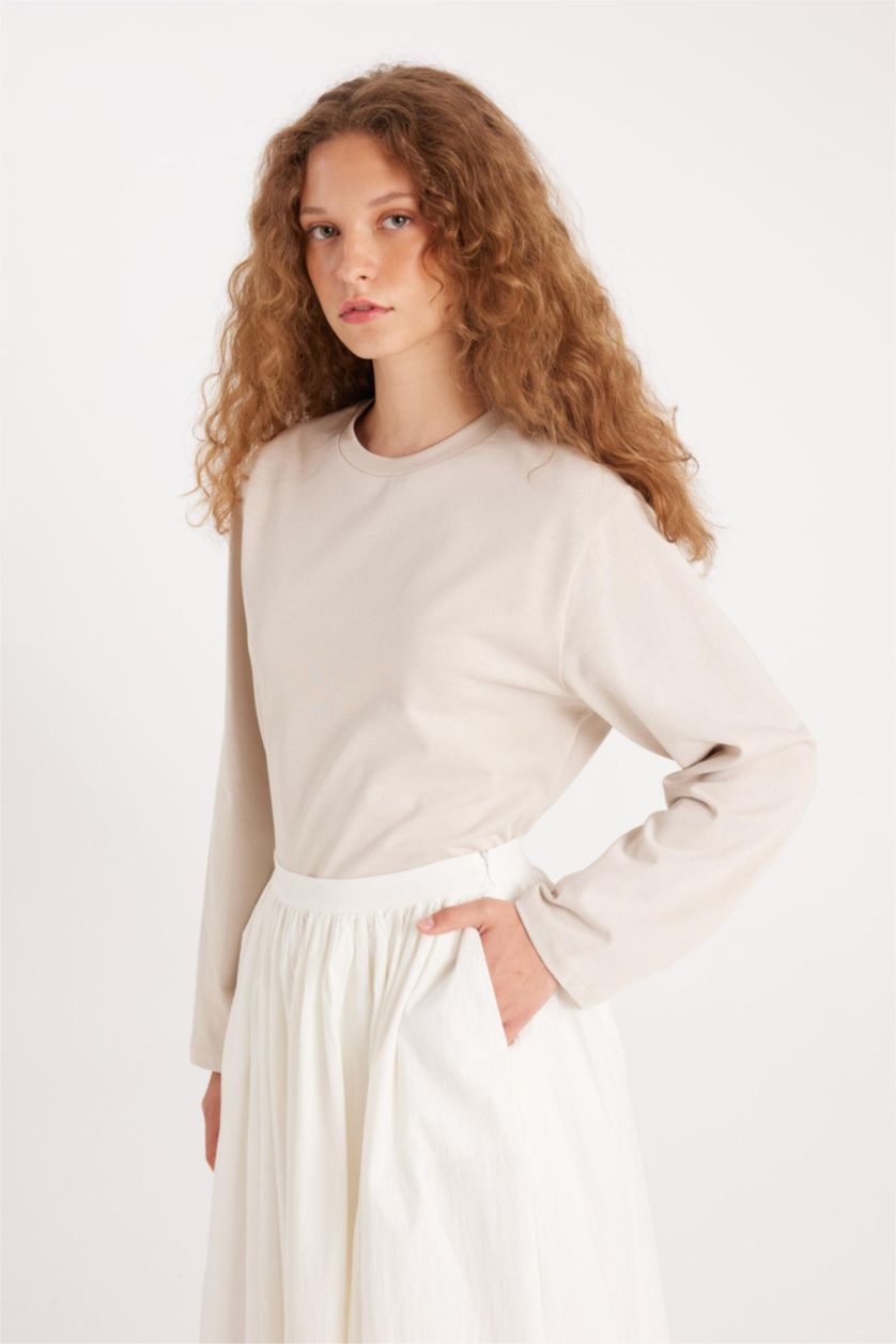 Kadın Bej Regular Fıt Uzun Kollu Tunik