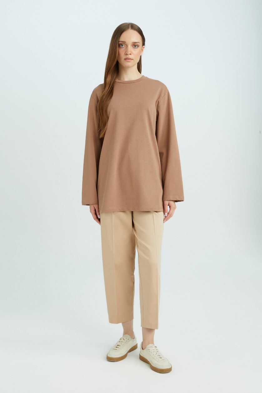 WOMAN Light Brown Regular Fit Crew Neck Basic Long Sleeve T-Shirt Tunic