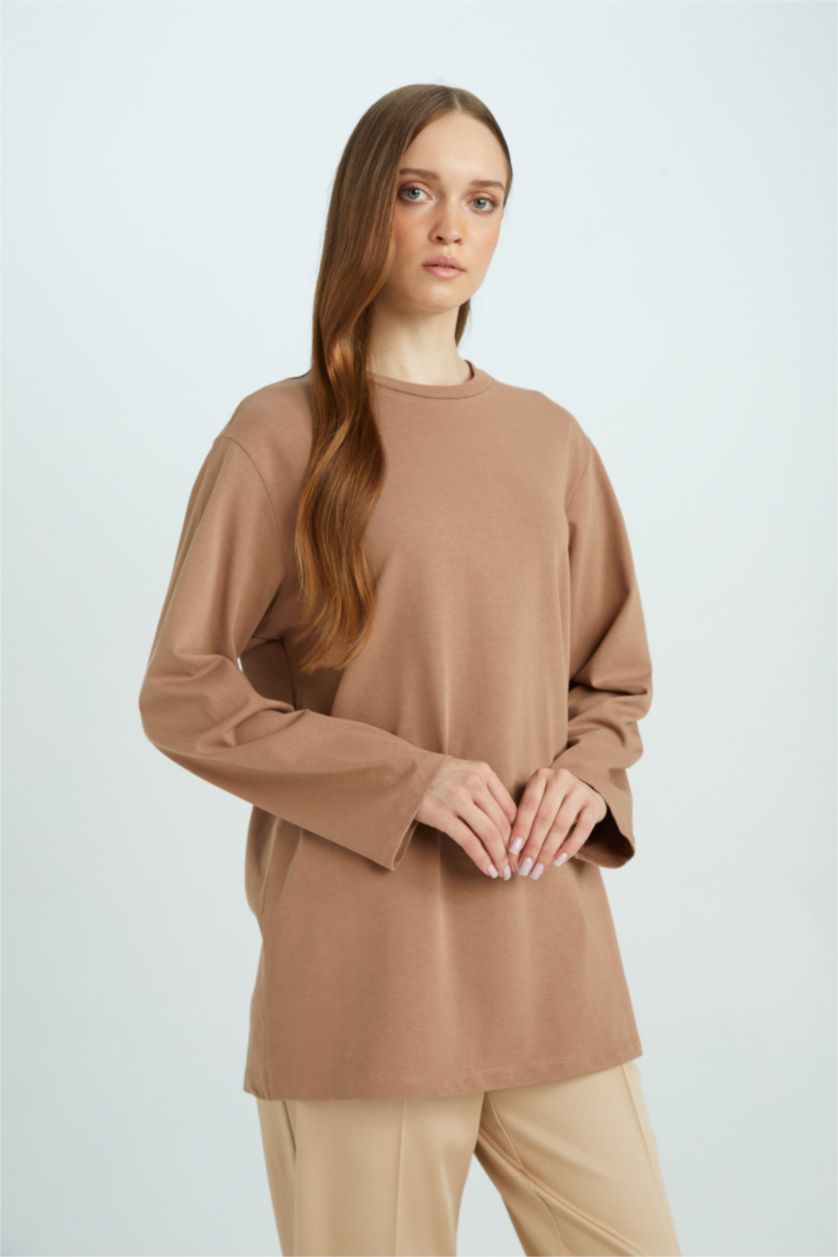 WOMAN Light Brown Regular Fit Crew Neck Basic Long Sleeve T-Shirt Tunic