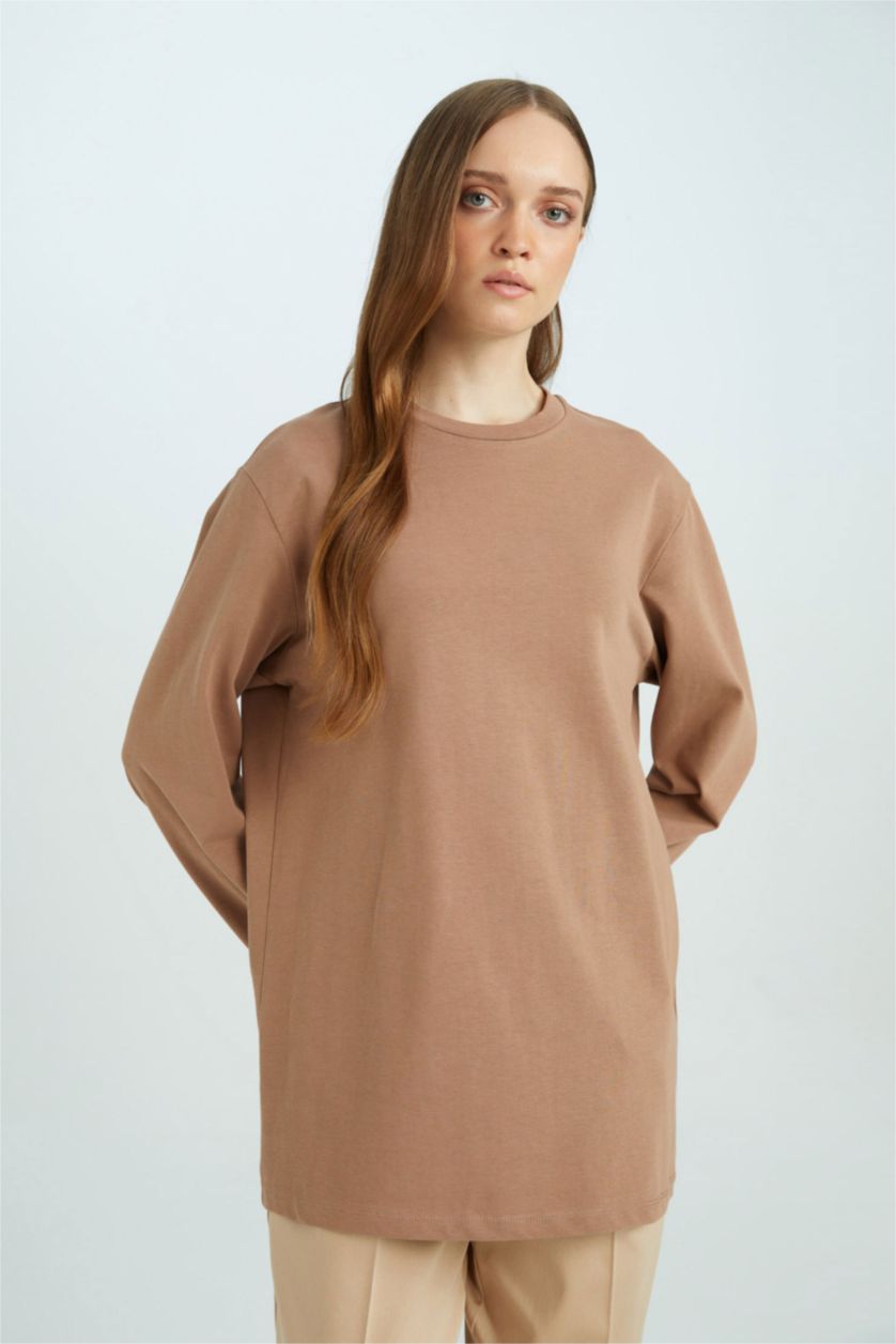 WOMAN Light Brown Regular Fit Crew Neck Basic Long Sleeve T-Shirt Tunic