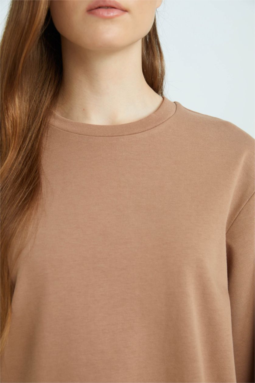 WOMAN Light Brown Regular Fit Crew Neck Basic Long Sleeve T-Shirt Tunic