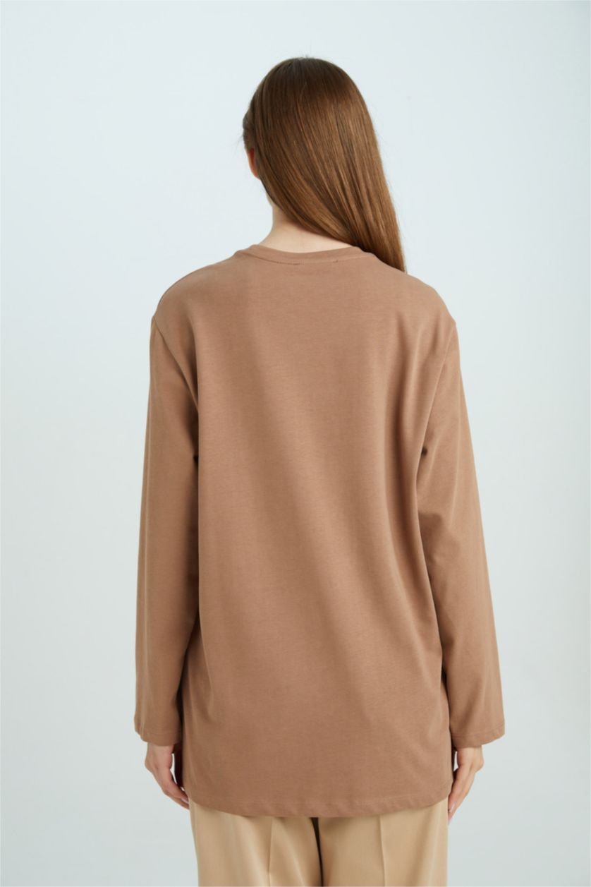 WOMAN Light Brown Regular Fit Crew Neck Basic Long Sleeve T-Shirt Tunic