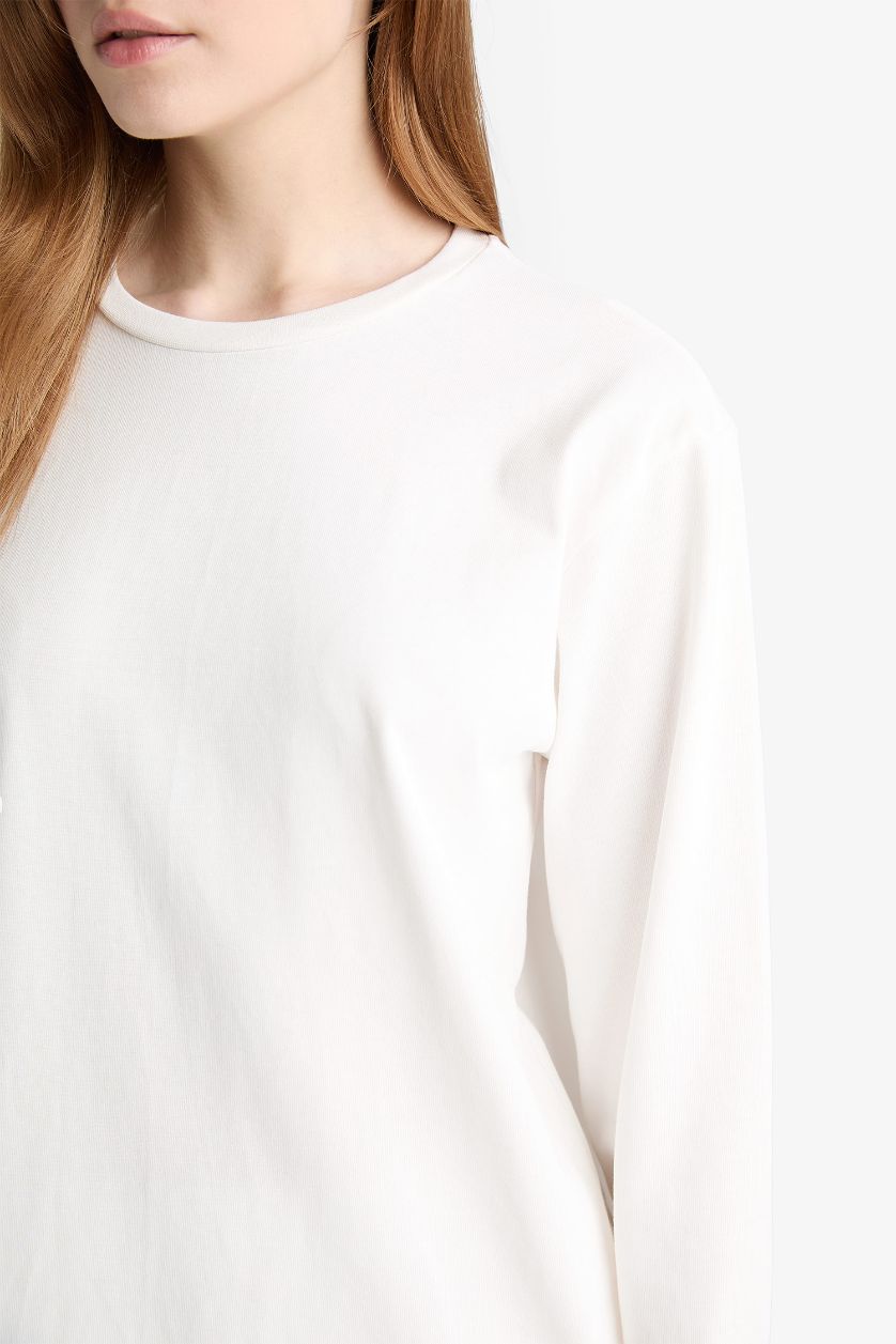 Kadın Ekru Regular Fit Bisiklet Yaka Uzun Kollu Tişört Tunik