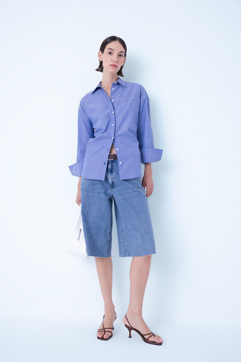 Kadın Mavi Oversize Geniş Kalıp Çizgili Poplin Uzun Kollu Gömlek